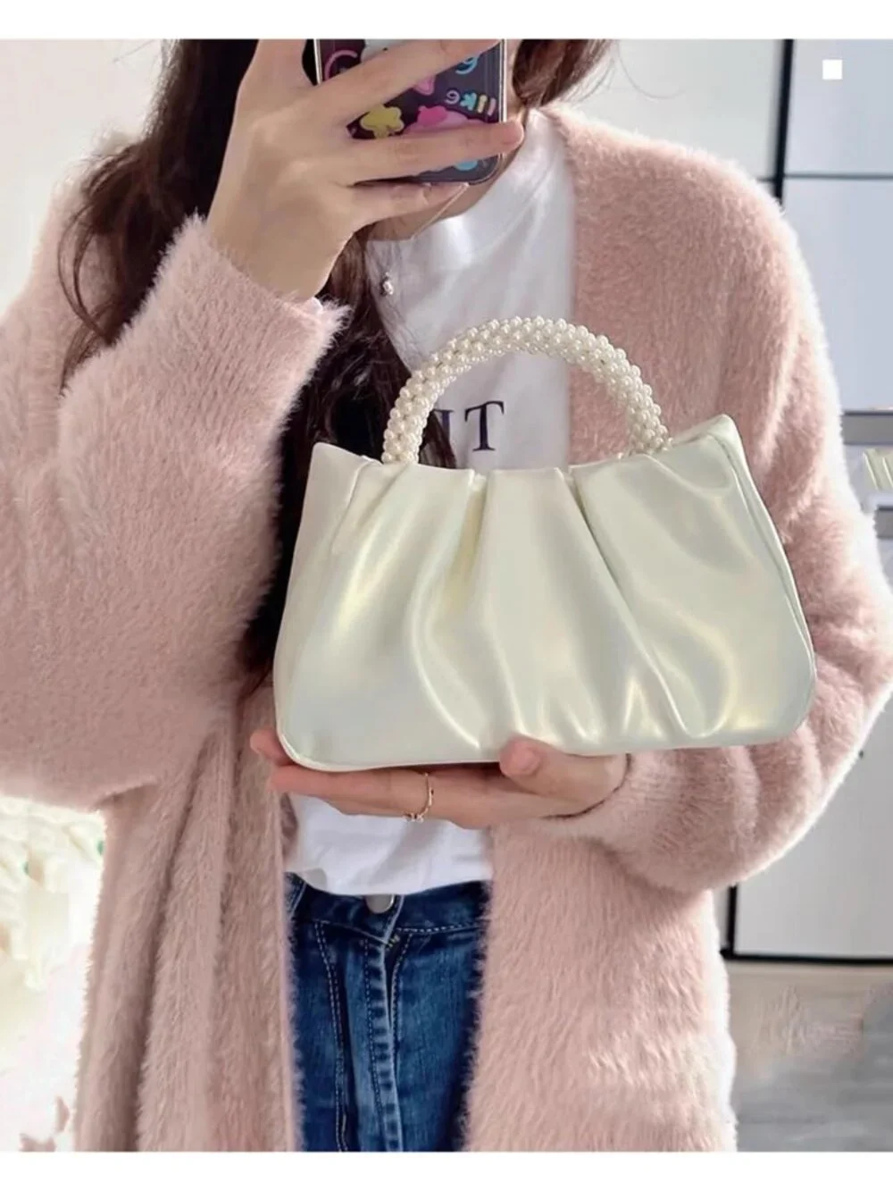 👜Women's White Leather Wedding Party Pearl Elegant Clutch Purse Magnetic Snap